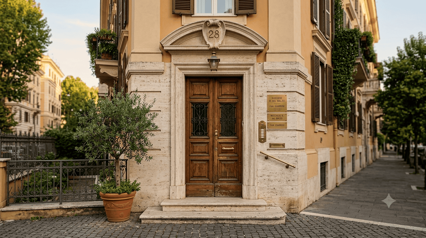 Elegante portone d'epoca in travertino nel quartiere Parioli a Roma, immagine illustrativa generata digitalmente per la domiciliazione professionale."
